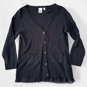 Oh MG! Black Button Front Cardigan with Chiffon Hem – Size Small